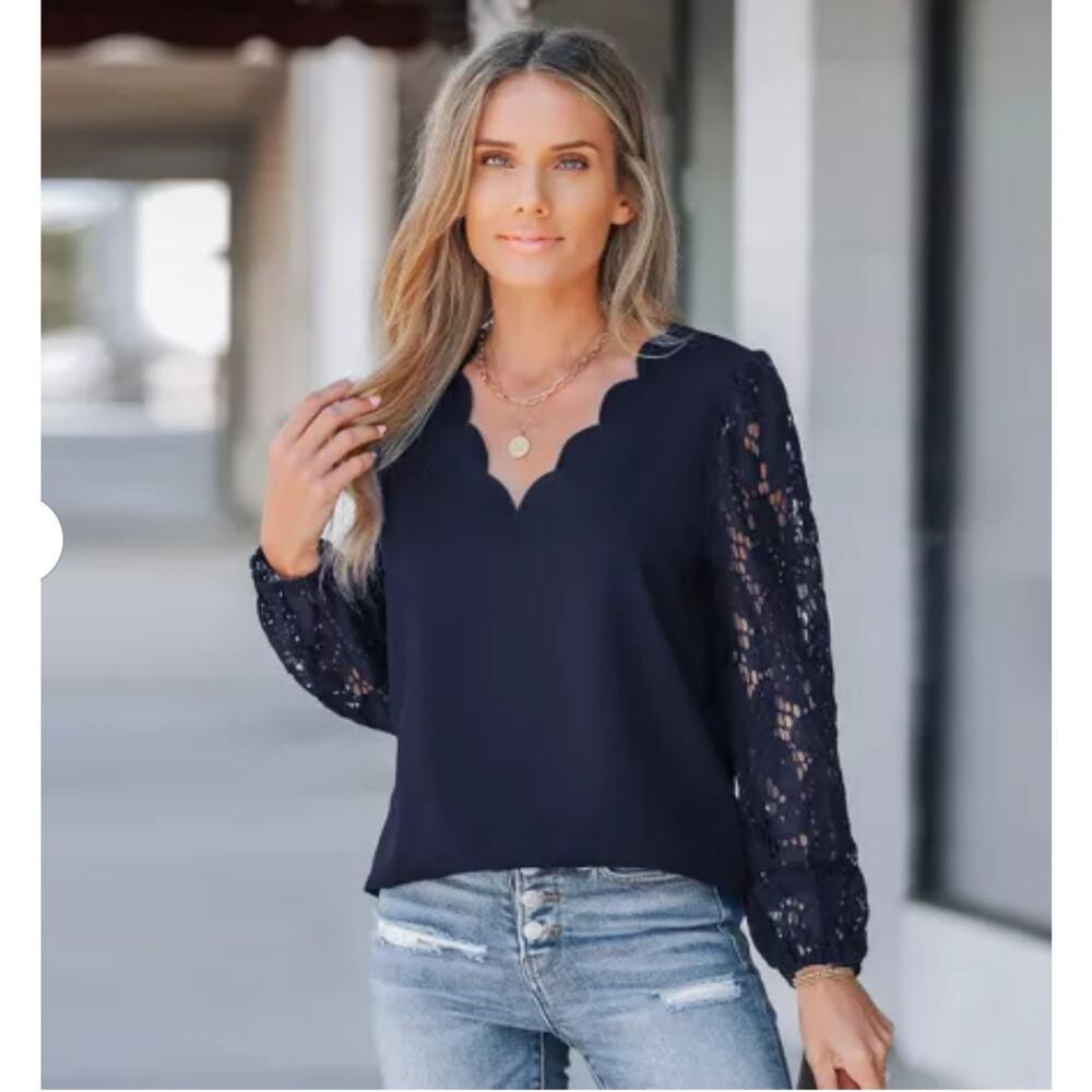 Cupshe Navy b Lace Sleeve Blouse Women’s Medium Elegant Long Sleeve Scalloped Ne